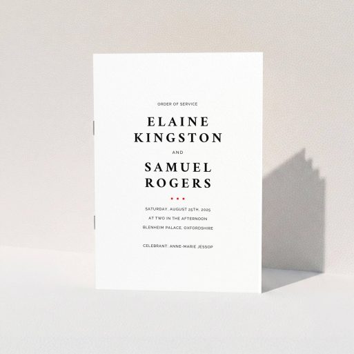 Multi-page Wedding Order of Service Design - "A Splash of Colour" A multipage wedding order of service called "A Splash of Colour". It is an A5 booklet in a portrait orientation. "A Splash of Colour" is available as a folded booklet booklet, with tones of white and Red.