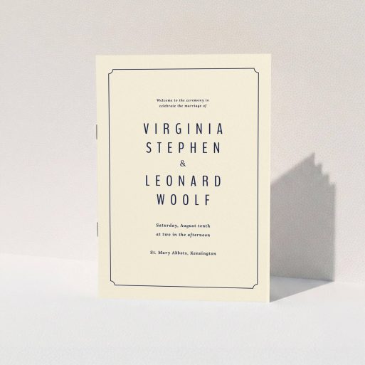 A multipage wedding order of service design named "Around the corner". It is an A5 booklet in a portrait orientation. "Around the corner" is available as a folded booklet booklet, with tones of cream and navy blue.