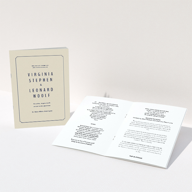 A multipage wedding order of service design named "Around the corner". It is an A5 booklet in a portrait orientation. "Around the corner" is available as a folded booklet booklet, with tones of cream and navy blue.