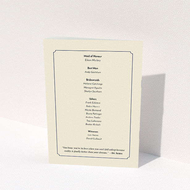 A multipage wedding order of service design named "Around the corner". It is an A5 booklet in a portrait orientation. "Around the corner" is available as a folded booklet booklet, with tones of cream and navy blue.