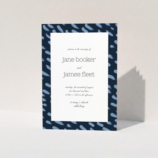 A multipage wedding order of service design named "Blue strokes". It is an A5 booklet in a portrait orientation. "Blue strokes" is available as a folded booklet booklet, with tones of blue and white.