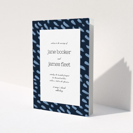 A multipage wedding order of service design named 'Blue strokes'. It is an A5 booklet in a portrait orientation. 'Blue strokes' is available as a folded booklet booklet, with tones of blue and white.