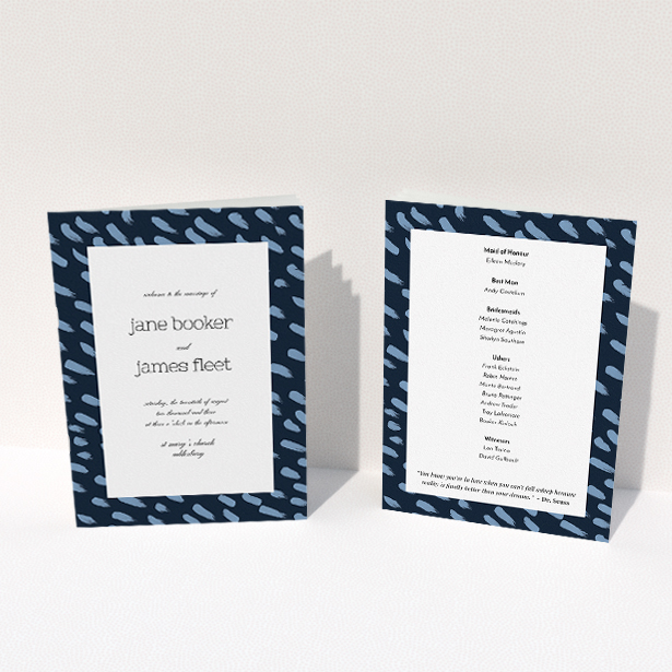 A multipage wedding order of service design named "Blue strokes". It is an A5 booklet in a portrait orientation. "Blue strokes" is available as a folded booklet booklet, with tones of blue and white.