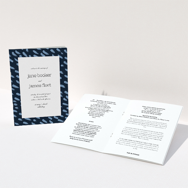 A multipage wedding order of service design named "Blue strokes". It is an A5 booklet in a portrait orientation. "Blue strokes" is available as a folded booklet booklet, with tones of blue and white.