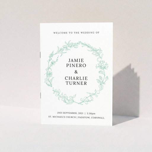 A multipage wedding order of service design called "Botanicals". It is an A5 booklet in a portrait orientation. "Botanicals" is available as a folded booklet booklet, with tones of green and white.