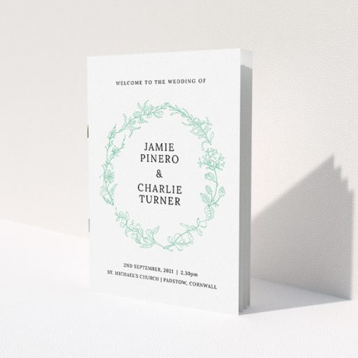 A multipage wedding order of service design called 'Botanicals'. It is an A5 booklet in a portrait orientation. 'Botanicals' is available as a folded booklet booklet, with tones of green and white.