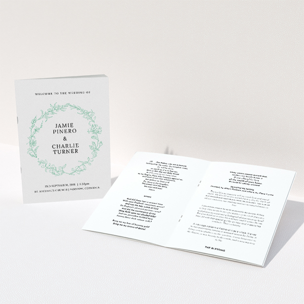 A multipage wedding order of service design called "Botanicals". It is an A5 booklet in a portrait orientation. "Botanicals" is available as a folded booklet booklet, with tones of green and white.