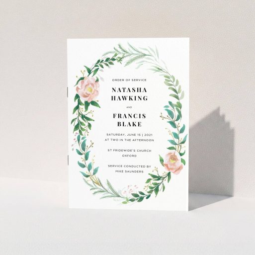A multipage wedding order of service design titled "Classic Floral Order of Service". It is an A5 booklet in a portrait orientation. "Classic Floral Order of Service" is available as a folded booklet booklet, with tones of white, light green and pink.