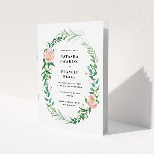 A multipage wedding order of service design titled 'Classic Floral Order of Service'. It is an A5 booklet in a portrait orientation. 'Classic Floral Order of Service' is available as a folded booklet booklet, with tones of white, light green and pink.