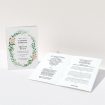 A multipage wedding order of service design titled "Classic Floral Order of Service". It is an A5 booklet in a portrait orientation. "Classic Floral Order of Service" is available as a folded booklet booklet, with tones of white, light green and pink.