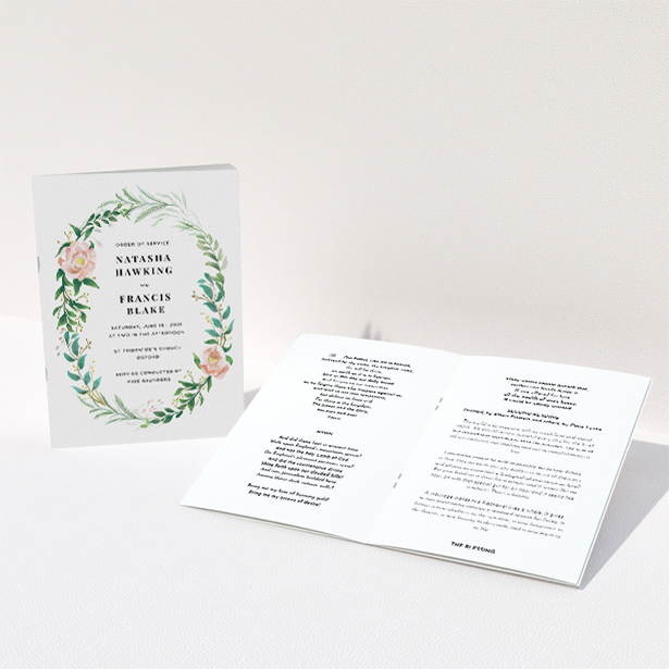 A multipage wedding order of service design titled "Classic Floral Order of Service". It is an A5 booklet in a portrait orientation. "Classic Floral Order of Service" is available as a folded booklet booklet, with tones of white, light green and pink.