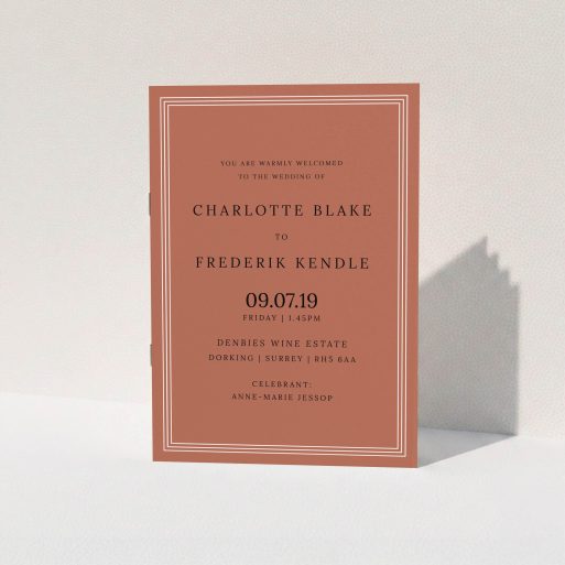 A multipage wedding order of service template titled "Dark Ochre Classic". It is an A5 booklet in a portrait orientation. "Dark Ochre Classic" is available as a folded booklet booklet, with mainly dark orange colouring.