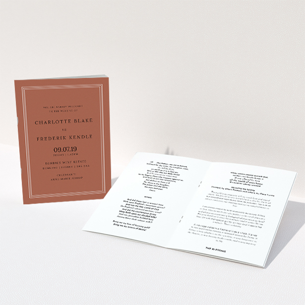 A multipage wedding order of service template titled "Dark Ochre Classic". It is an A5 booklet in a portrait orientation. "Dark Ochre Classic" is available as a folded booklet booklet, with mainly dark orange colouring.