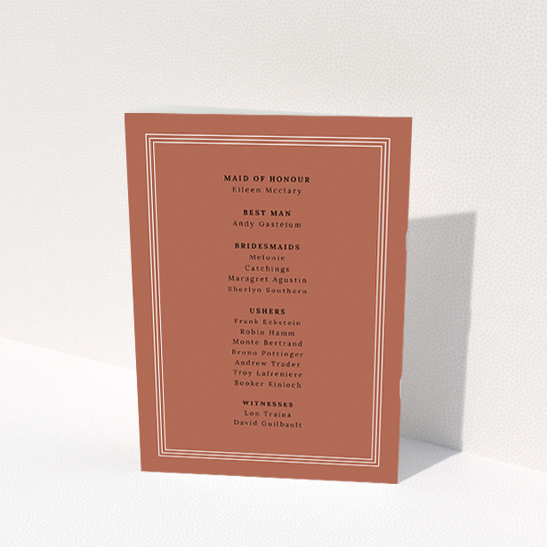 A multipage wedding order of service template titled "Dark Ochre Classic". It is an A5 booklet in a portrait orientation. "Dark Ochre Classic" is available as a folded booklet booklet, with mainly dark orange colouring.