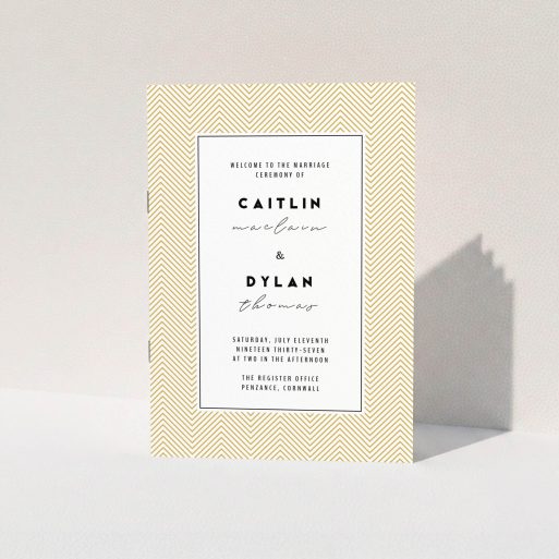 Multi-page Wedding Order of Service Design - "Golden Lines" A multipage wedding order of service called "Golden Lines". It is an A5 booklet in a portrait orientation. "Golden Lines" is available as a folded booklet booklet, with tones of gold and white.
