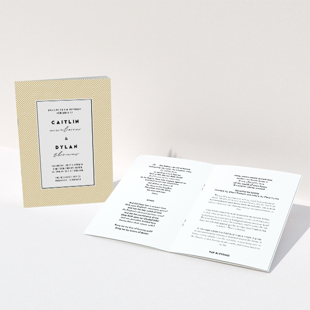 A multipage wedding order of service called "Golden Lines". It is an A5 booklet in a portrait orientation. "Golden Lines" is available as a folded booklet booklet, with tones of gold and white.
