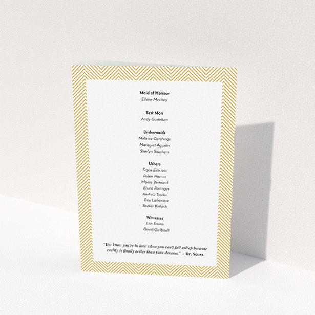 A multipage wedding order of service called "Golden Lines". It is an A5 booklet in a portrait orientation. "Golden Lines" is available as a folded booklet booklet, with tones of gold and white.