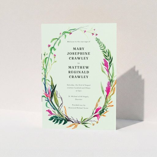 A multipage wedding order of service design named "Jungle collection". It is an A5 booklet in a portrait orientation. "Jungle collection" is available as a folded booklet booklet, with tones of green, pink and orange.