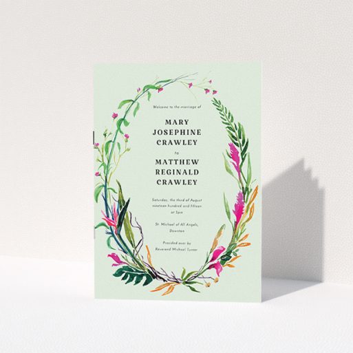 A multipage wedding order of service design named "Jungle collection". It is an A5 booklet in a portrait orientation. "Jungle collection" is available as a folded booklet booklet, with tones of green, pink and orange.