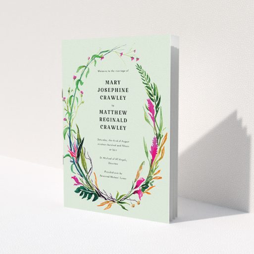 A multipage wedding order of service design named 'Jungle collection'. It is an A5 booklet in a portrait orientation. 'Jungle collection' is available as a folded booklet booklet, with tones of green, pink and orange.