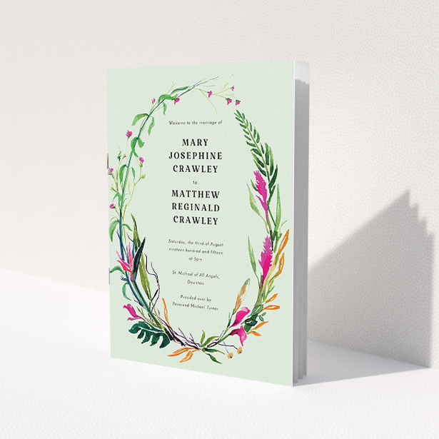 A multipage wedding order of service design named 'Jungle collection'. It is an A5 booklet in a portrait orientation. 'Jungle collection' is available as a folded booklet booklet, with tones of green, pink and orange.