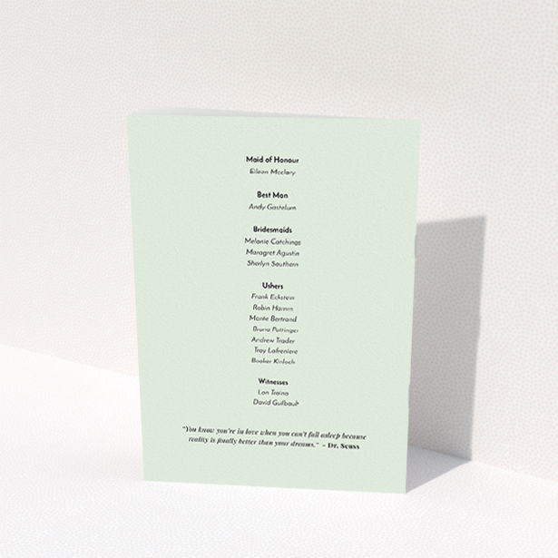 A multipage wedding order of service design named "Jungle collection". It is an A5 booklet in a portrait orientation. "Jungle collection" is available as a folded booklet booklet, with tones of green, pink and orange.