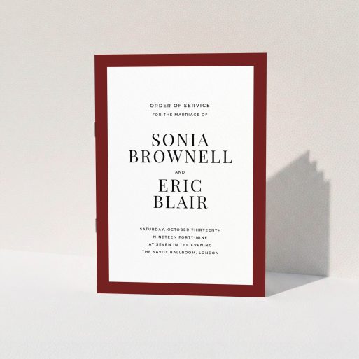 A multipage wedding order of service template titled "Laydown simple". It is an A5 booklet in a portrait orientation. "Laydown simple" is available as a folded booklet booklet, with tones of burgundy and white.