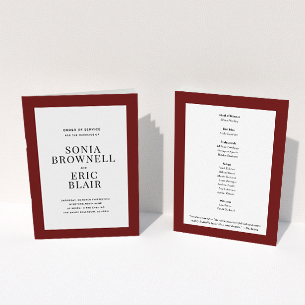 A multipage wedding order of service template titled "Laydown simple". It is an A5 booklet in a portrait orientation. "Laydown simple" is available as a folded booklet booklet, with tones of burgundy and white.