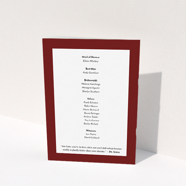 A multipage wedding order of service template titled "Laydown simple". It is an A5 booklet in a portrait orientation. "Laydown simple" is available as a folded booklet booklet, with tones of burgundy and white.