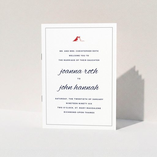 Multi Page Wedding Order Of Service - Lovebirds (Grey) A multipage wedding order of service called "Lovebirds". It is an A5 booklet in a portrait orientation. "Lovebirds" is available as a folded booklet booklet, with tones of white and red.
