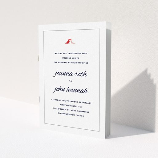 A multipage wedding order of service called 'Lovebirds'. It is an A5 booklet in a portrait orientation. 'Lovebirds' is available as a folded booklet booklet, with tones of white and red.