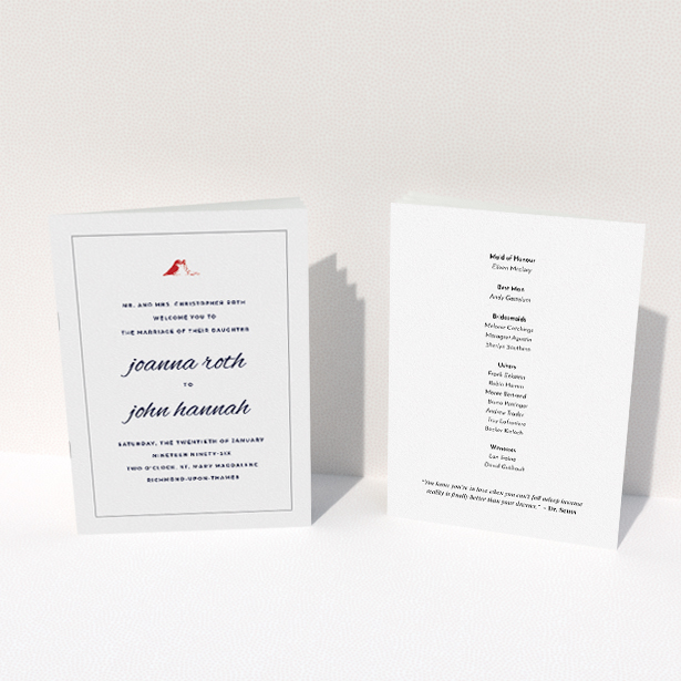 A multipage wedding order of service called "Lovebirds". It is an A5 booklet in a portrait orientation. "Lovebirds" is available as a folded booklet booklet, with tones of white and red.