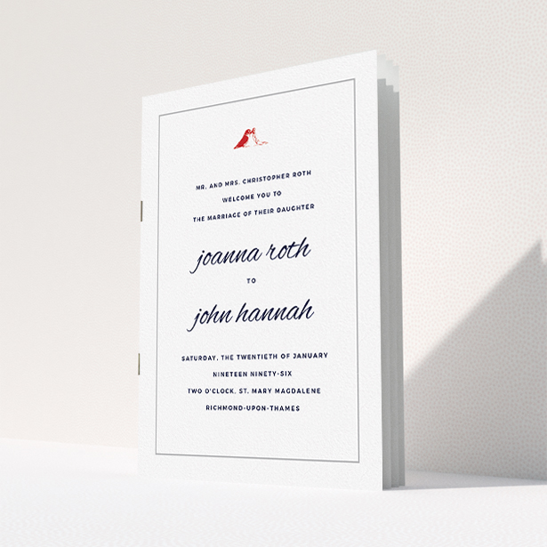 A multipage wedding order of service called "Lovebirds". It is an A5 booklet in a portrait orientation. "Lovebirds" is available as a folded booklet booklet, with tones of white and red.