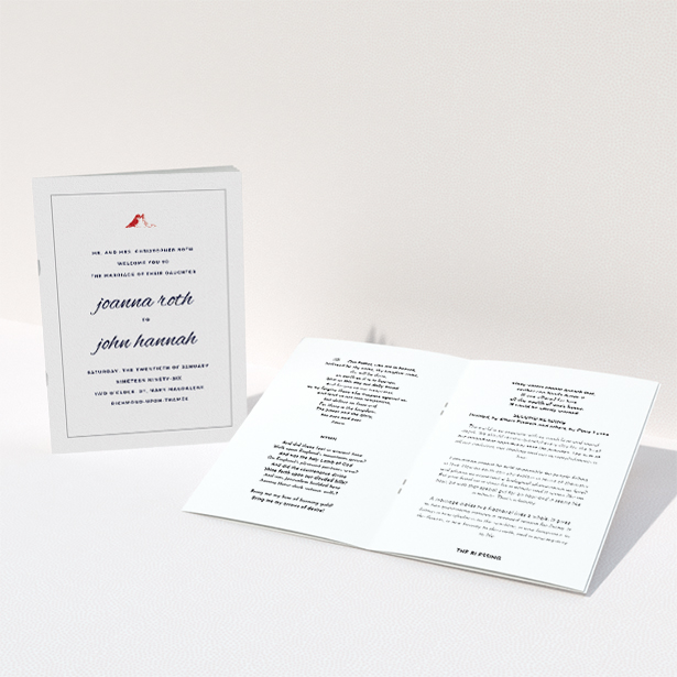 A multipage wedding order of service called "Lovebirds". It is an A5 booklet in a portrait orientation. "Lovebirds" is available as a folded booklet booklet, with tones of white and red.