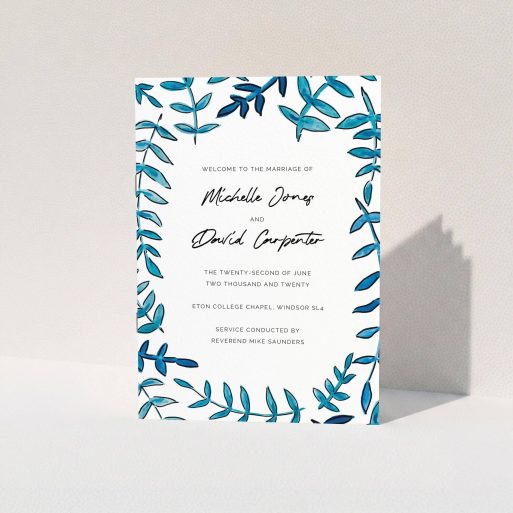 Multi-page Wedding Order of Service Design - "Modern Blue Floral Swirl" A multipage wedding order of service design named "Modern Blue Floral Swirl". It is an A5 booklet in a portrait orientation. "Modern Blue Floral Swirl" is available as a folded booklet booklet, with tones of blue and white.