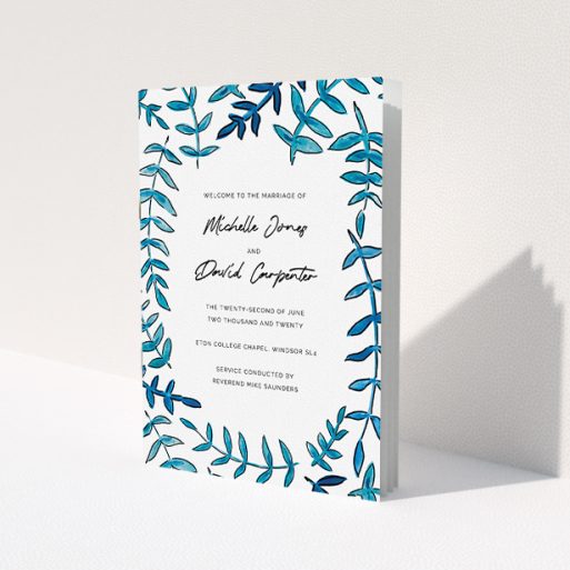 A multipage wedding order of service design named 'Modern Blue Floral Swirl'. It is an A5 booklet in a portrait orientation. 'Modern Blue Floral Swirl' is available as a folded booklet booklet, with tones of blue and white.