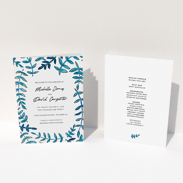 A multipage wedding order of service design named "Modern Blue Floral Swirl". It is an A5 booklet in a portrait orientation. "Modern Blue Floral Swirl" is available as a folded booklet booklet, with tones of blue and white.