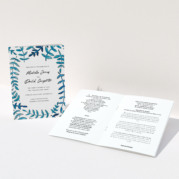 A multipage wedding order of service design named "Modern Blue Floral Swirl". It is an A5 booklet in a portrait orientation. "Modern Blue Floral Swirl" is available as a folded booklet booklet, with tones of blue and white.