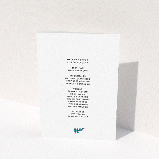 A multipage wedding order of service design named "Modern Blue Floral Swirl". It is an A5 booklet in a portrait orientation. "Modern Blue Floral Swirl" is available as a folded booklet booklet, with tones of blue and white.