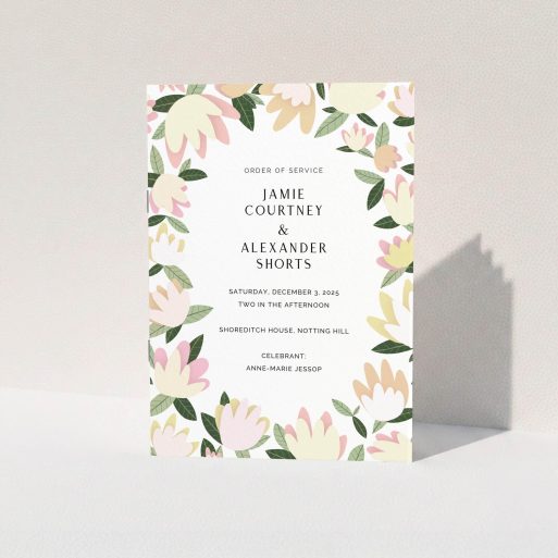 Multi-page Wedding Order of Service Design - "Modern Floral Scatter" A multipage wedding order of service called "Modern Floral Scatter". It is an A5 booklet in a portrait orientation. "Modern Floral Scatter" is available as a folded booklet booklet, with tones of cream, yellow and light green.