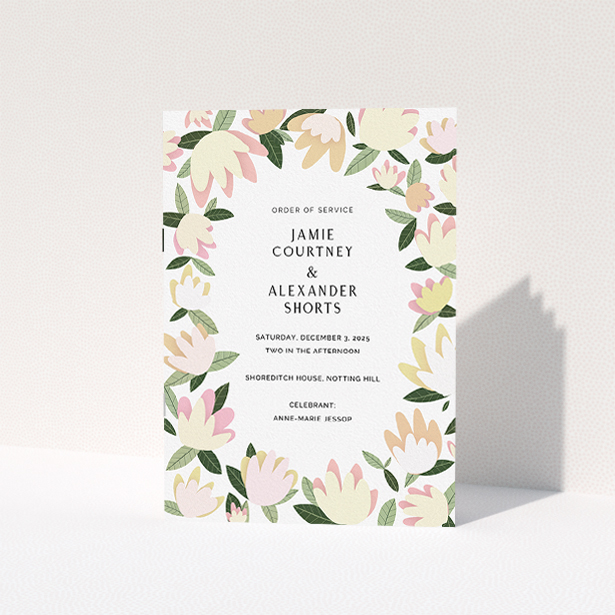A multipage wedding order of service called "Modern Floral Scatter". It is an A5 booklet in a portrait orientation. "Modern Floral Scatter" is available as a folded booklet booklet, with tones of cream, yellow and light green.