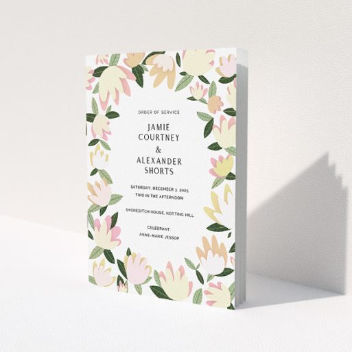 A multipage wedding order of service called 'Modern Floral Scatter'. It is an A5 booklet in a portrait orientation. 'Modern Floral Scatter' is available as a folded booklet booklet, with tones of cream, yellow and light green.