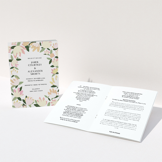 A multipage wedding order of service called "Modern Floral Scatter". It is an A5 booklet in a portrait orientation. "Modern Floral Scatter" is available as a folded booklet booklet, with tones of cream, yellow and light green.