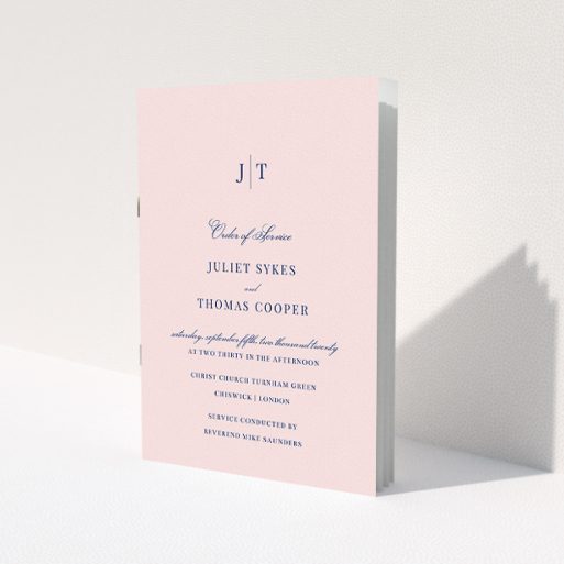A multipage wedding order of service design titled 'Monogrammed Pink'. It is an A5 booklet in a portrait orientation. 'Monogrammed Pink' is available as a folded booklet booklet, with mainly pink colouring.