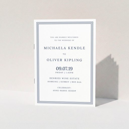 A multipage wedding order of service design named "Navy Blue Classic". It is an A5 booklet in a portrait orientation. "Navy Blue Classic" is available as a folded booklet booklet, with tones of blue and white.