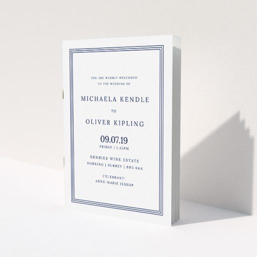 A multipage wedding order of service design named 'Navy Blue Classic'. It is an A5 booklet in a portrait orientation. 'Navy Blue Classic' is available as a folded booklet booklet, with tones of blue and white.