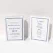 A multipage wedding order of service design named "Navy Blue Classic". It is an A5 booklet in a portrait orientation. "Navy Blue Classic" is available as a folded booklet booklet, with tones of blue and white.