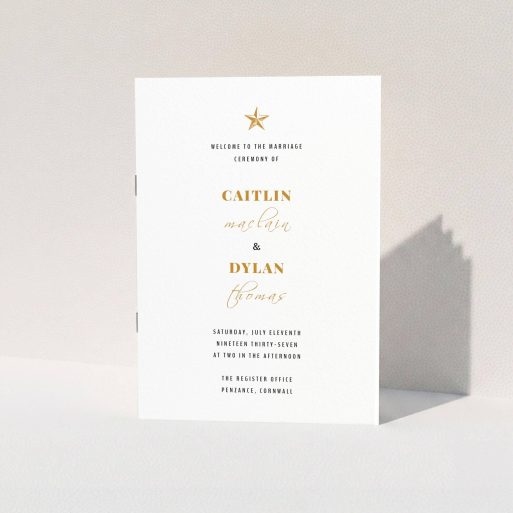 Wedding Order Of Service Booklet - North Star (Gold) A multipage wedding order of service design named "North Star". It is an A5 booklet in a portrait orientation. "North Star" is available as a folded booklet booklet, with tones of white and gold.