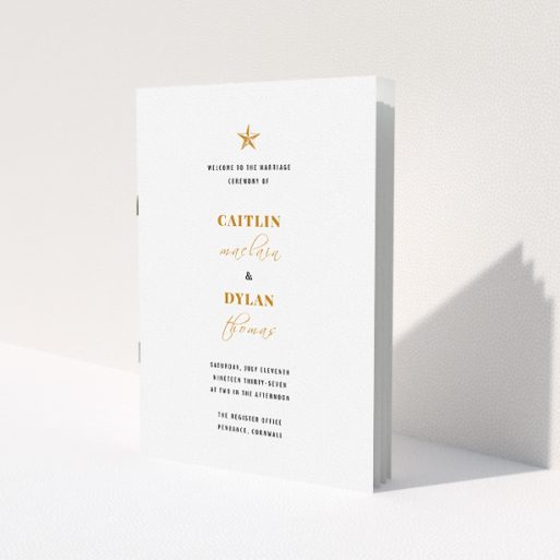 A multipage wedding order of service design named 'North Star'. It is an A5 booklet in a portrait orientation. 'North Star' is available as a folded booklet booklet, with tones of white and gold.