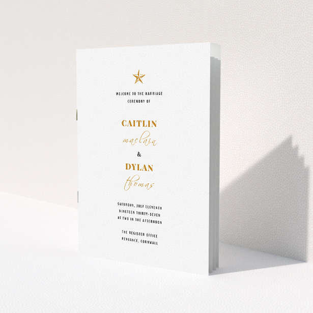 A multipage wedding order of service design named 'North Star'. It is an A5 booklet in a portrait orientation. 'North Star' is available as a folded booklet booklet, with tones of white and gold.